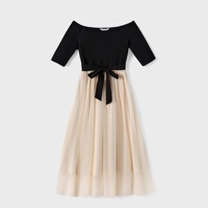 Black-Almond Mesh Skirt and Classic Round Neck Long Sleeve Tops Black